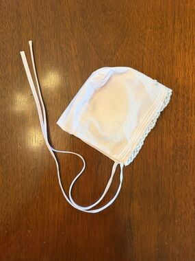 White Baby Bonnet with Lace Trim and Ties